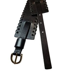 ANN ATAYLOR Geniune Black Leather Belt with Gold Buckle 32"-34"